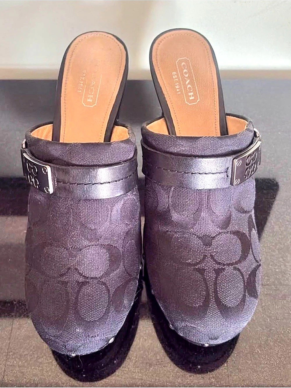 Coach Archival Buckle Clog In Signature Jacquard Black